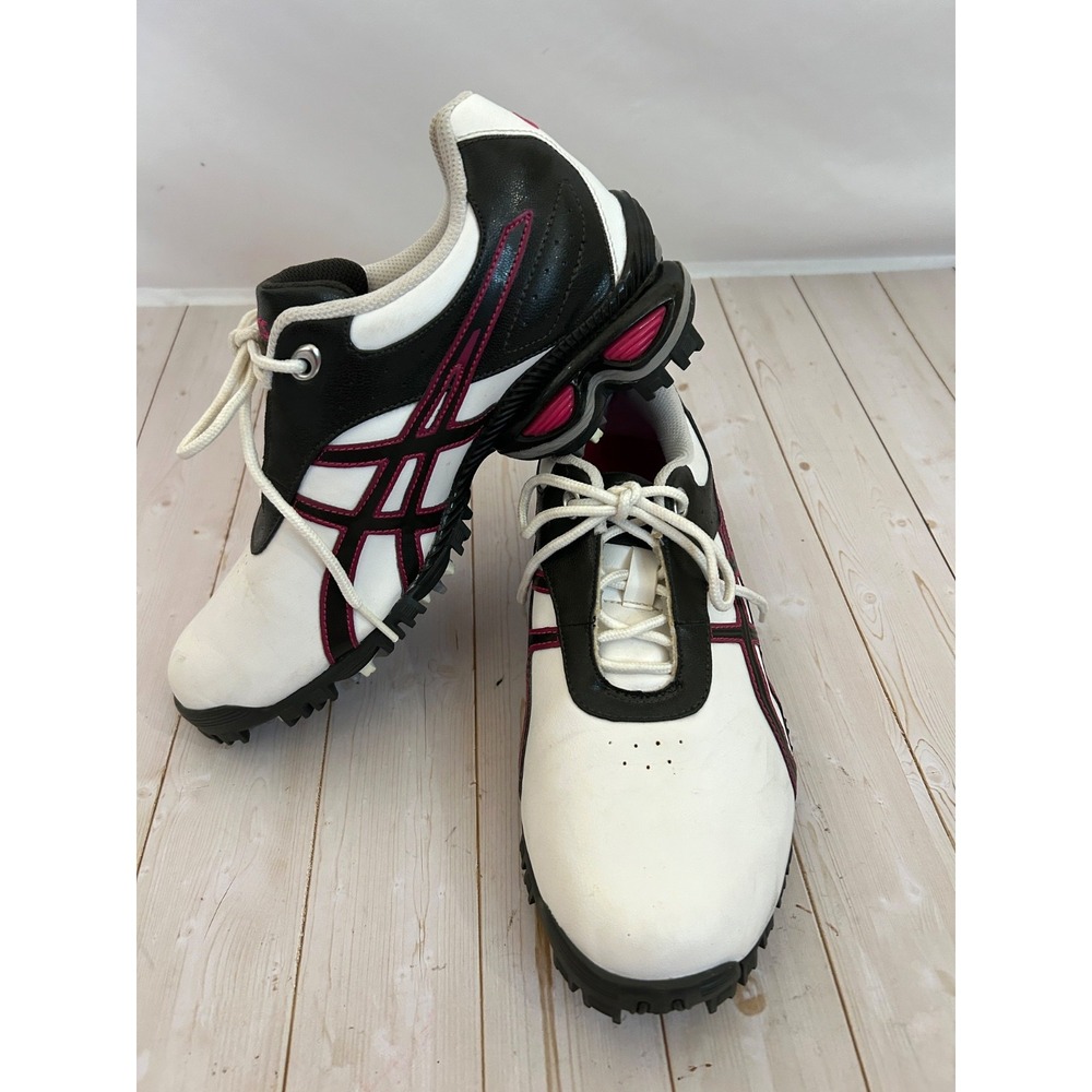 Asics Womens Golf 8 M Shoes Cleats GEL Linksmaster P082Y White Black & Pink